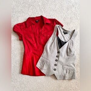 Vintage Red Puff Short Sleeve Button Down Shirt & Grey V-neck Button Down Vest